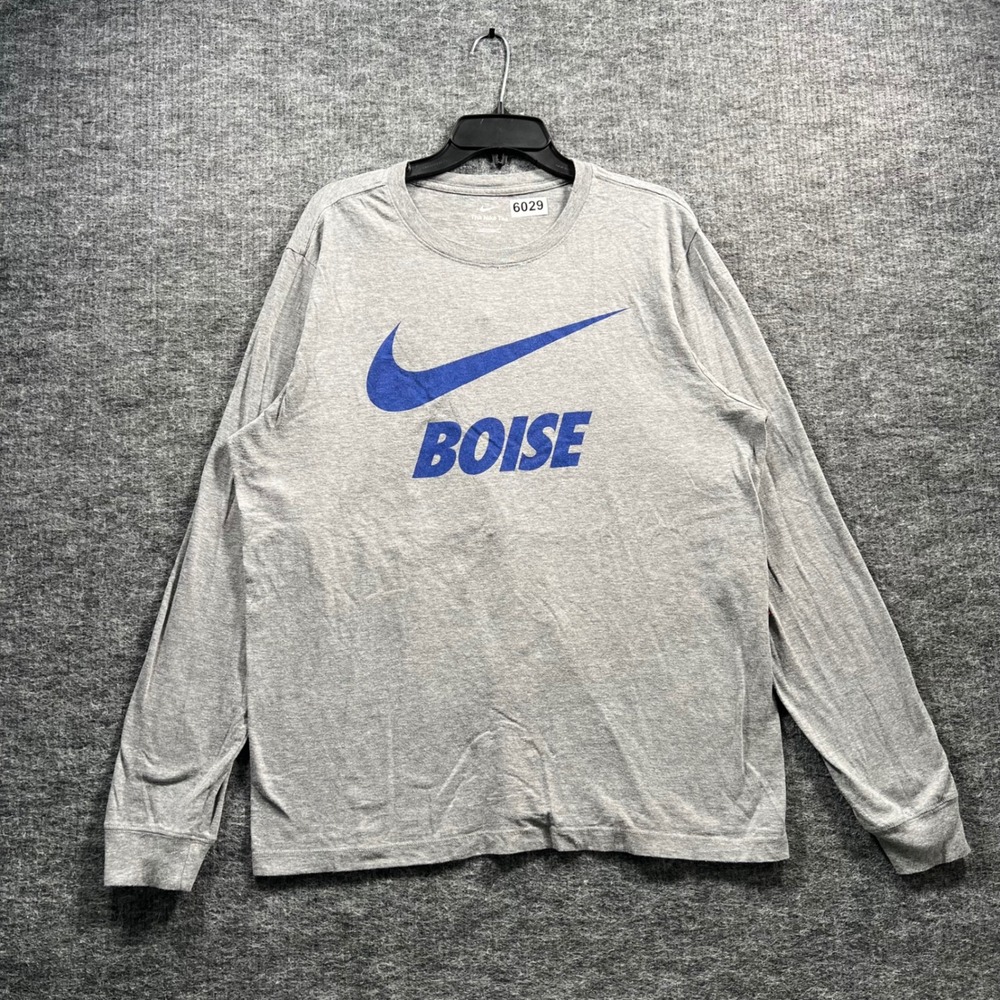 Nike Boise State Long Sleeve Graphic Tee Gray Blue Swoosh Mens Large